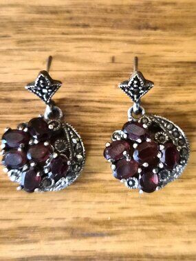 VTG Garnet Marcasite Sterling Silver Dangle Earrings Classic Cluster Drop Gothic